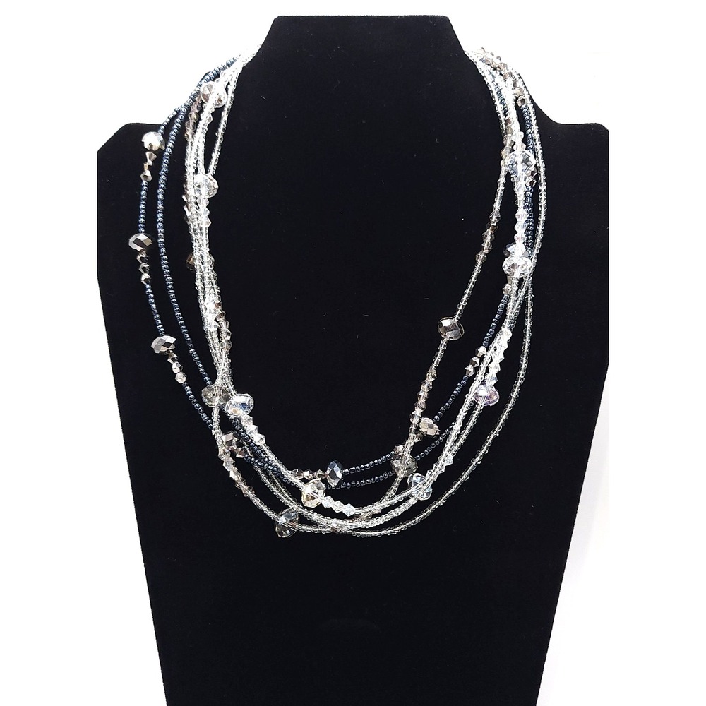 Black Multi Strand Beaded Statement Necklace Crystal Seed Beads